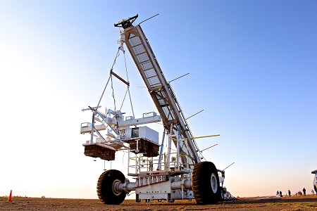 The Wallops Arc Second Pointer payload suspended from a crane during an earlier test deployment. Image Credit:  NASA