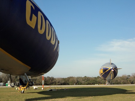 The Spirit of Innovation (L) and the Spirit of Goodyear (R) shortly before taking off to cover the Daytona 500. Photo: Richard Van Treuren 