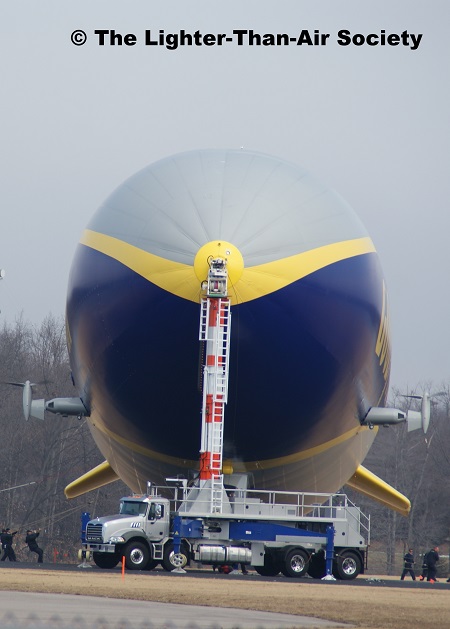 Front view of Goodyear’s new Blimp-NT, a Zeppelin LZ N07-101. Photo: The Lighter-Than-Air Society