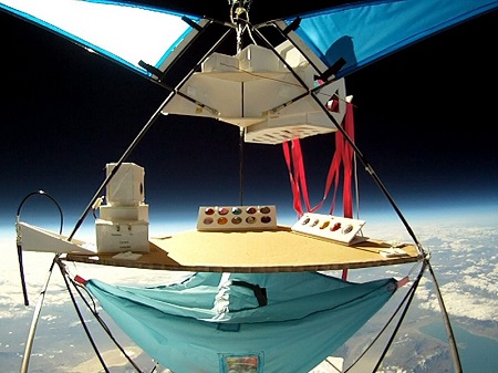 JP Aerospace’s “high rack”—a rig with cameras fins, and antennas, delivers another bunch of “Pongsat” experiments to near-space. Photo: JP Aerospace.