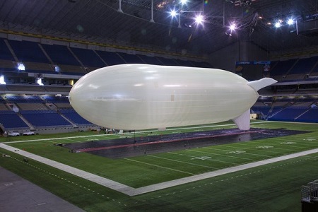 A Hi-Sentinel airship being tested in the Alamodome in San Antonio. When it was first successfully tested, in 2005, military interest was high, but it waned after the end of the Iraq war.  Image: Southwest Research Institute 