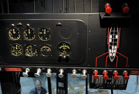 The cockpit control panel inside the Goodyear ZNPK-28 Blimp Control Car. When the restoration began, the interior was stripped. Ther volunteers designed and fabricated accurate reproduction parts to bring the ship back to life.