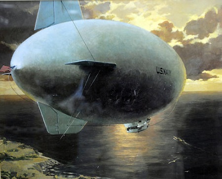 A painting of the 1942 Goodyear ZNPK-28 Blimp. Its Control Car that is undergoing restoration at the New England Air Museum.