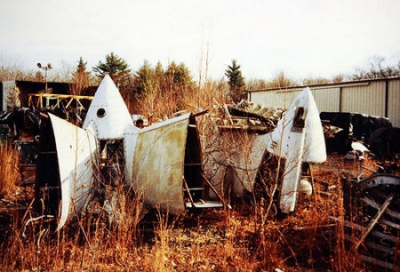 The engine housings and struts sit out in the Boneyard before restoration began on the 1942 Goodyear ZNPK-28 Blimp Control Car at the New England Air Museum in 1993.