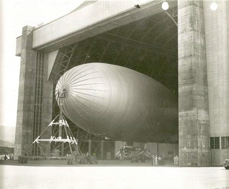 A K Class blimp noses its way out of Tillamook’s Hangar B.  Photo courtesy Naval Air Station Tillamook Museum 