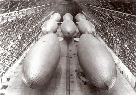 Covering an area the size of seven football pitches, the hangar provided a safe harbor for up to eight of the massive blimps at a time.  Photo courtesy Naval Air Station Tillamook Museum 
