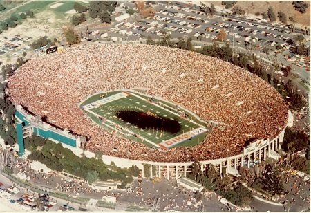 The Goodyear blimp casts a shadow over the 1976 Rose Bowl game between UCLA and Oregon State University. Source: insidesocal.com