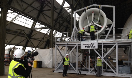 Thursday, 22 January 2015, one of the four Airlander engines is hoisted onto the engine test rig. An official 'switch-on' will happen soon. Source: Hybrid Air Vehicles