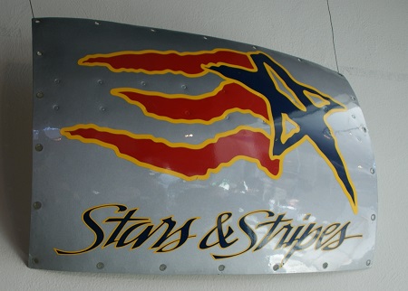 An engine cowling from Goodyear's Stars and Stripes blimp, on which the gondola first flew from 1982 - 1992. Photo: Alvaro Bellon