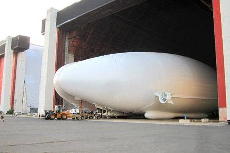 Airlander 10 taxiing out of the US Hangar in Lakehurst, New Jersey, ahead of her first 90 minute test flight in 2012. Photo: HAV
