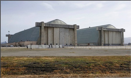 Hangar Three, left, and Hangar Two at Moffett Field in Mountain View, Calif.  Photo: Nhat V. Meyer/Bay Area News Group. 