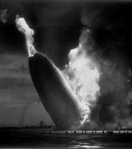Murray Becker/AP Photo - The Hindenburg burns and falls to the ground at Lakehurst Naval Air Station, N.J., May 6, 1937. Thirty-five of the 97 people on board the German luxury airship were killed. Courtesy of the New York Daily News