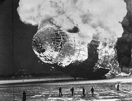 Charles Hoff Photo. Zeppelin disaster, Lakehurst, N.J. Blazing wreck of the Hindenburg after explosion. Courtesy of the New York Daily News
