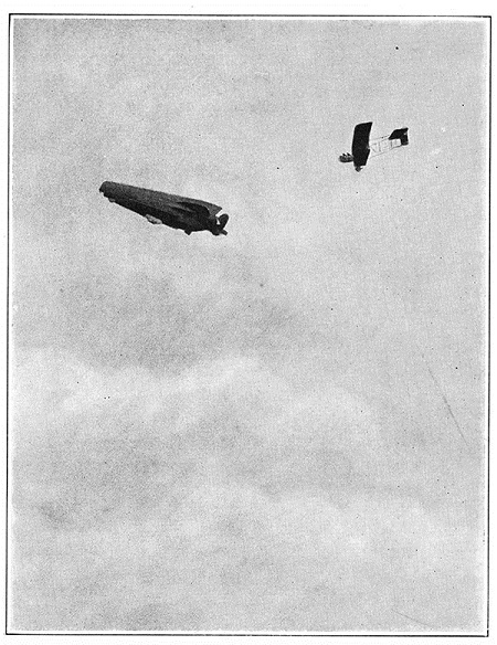 A French airplane attacks a German airship, in this photograph from 1915. Image: Scientific American, June 26, 1915