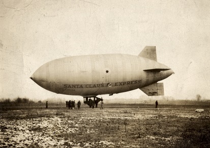 A 1927 photo of the Goodyear blimp nicknamed The Santa Claus Express. Photo from the archives of he Lighter-Than-Air Society.