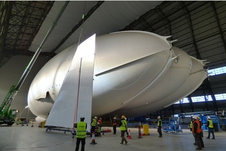 Airlander 10 having its first fin fitted