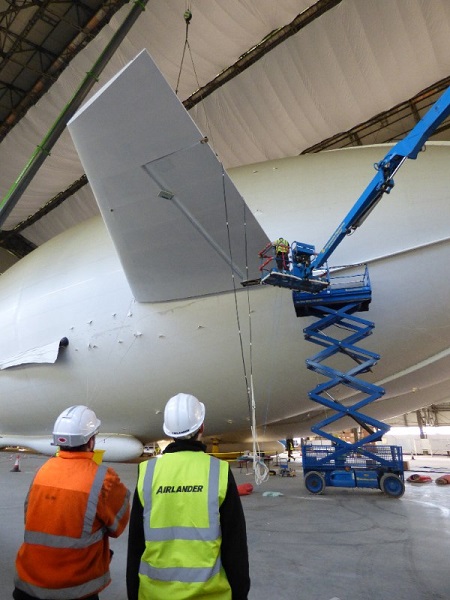 Airlander 10 having its first fin fitted