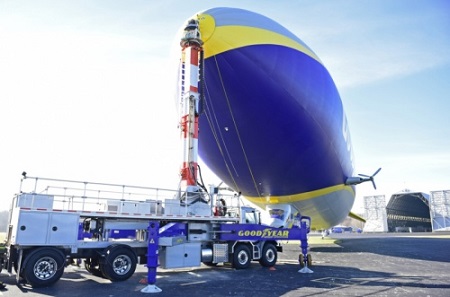 The Mast Truck keeps the new Goodyear NT-2 Airship in place while receiving the information to be processed from the airship. Photo: David Dermer - Akron Beacon Journal 