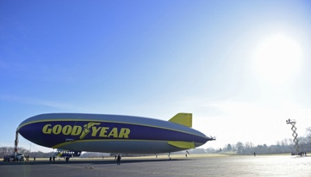 The second new technology Goodyear airship hangs at the mast truck after coming out of the hangar for testing. Photo: David Dermer - Akron Beacon Journal.