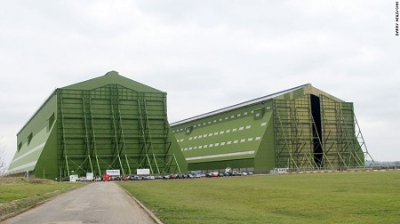 Cardington Airbase – Airlander 10 is housed in one of the largest air hangars in the world. The building was once home to the doomed R101, a massive hydrogen-filled airship that crashed in 1930. Source: CNN