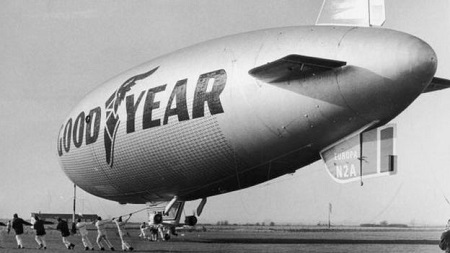 Airships returned to Cardington in 1972, when tire company Goodyear had this blimp assembled in Hangar 2. It was used for publicity purposes across Europe, including at the Munich Olympics. Image courtesy of BBC/Getty Images.