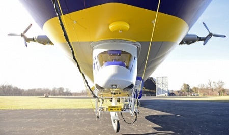 The gondola of the second new technology Goodyear airship hovers before engine tests. Photo: David Dermer - Akron Beacon Journal. \