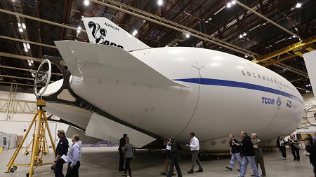 Reporters are shown the P-791 Hybrid Airship prototype on Wednesday at Lockheed Martin's Skunk Works facility in Palmdale. Photo: Al Seib/Los Angeles Times