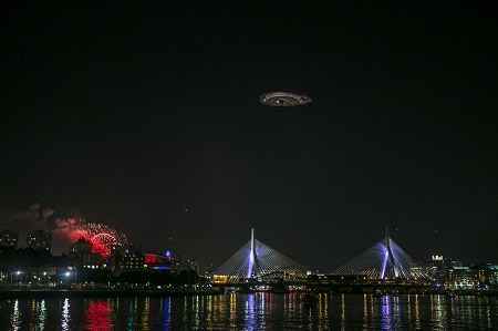 The Flying Cucumber, espying some Boston fireworks in 2015. Photo: Van Wagner Airship Group