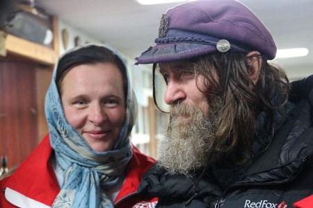 Fedor Konyukhov's wife Irina smiles at her husband as they celebrate his record breaking hot air balloon ride. Photo: Laura Gartry - ABC News