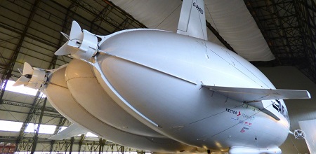 Hybrid Air Vehicles’ Airlander 10 airship is shown in the company’s hangar at Cardington earlier this year after reassembly. Source: ainonline.com