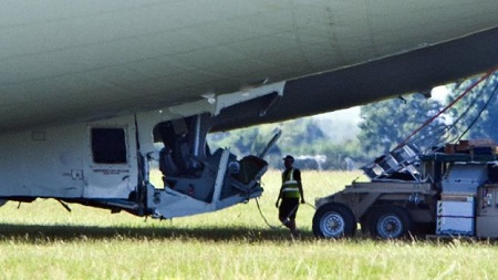 The cockpit was damaged on landing. Image: BBC/South Beds News Agency.