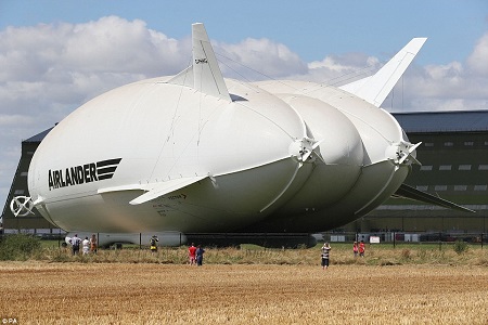The Airlander 10, part plane, part airship, is out its hangar for the first time at Cardington Airfield in Bedfordshire. Image: Daily Mail/PA.